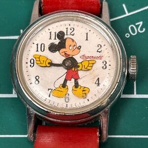 Ingersoll Mickey Mouse Mechanical Wristwatch Red Leather Strap Vintage